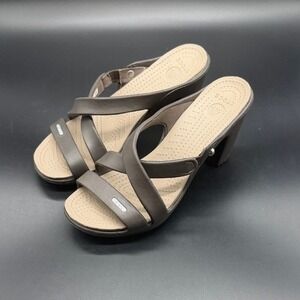 Crocs Cyprus III Womens 7 Espresso Brown Tan Strappy Block High Heel Sandals